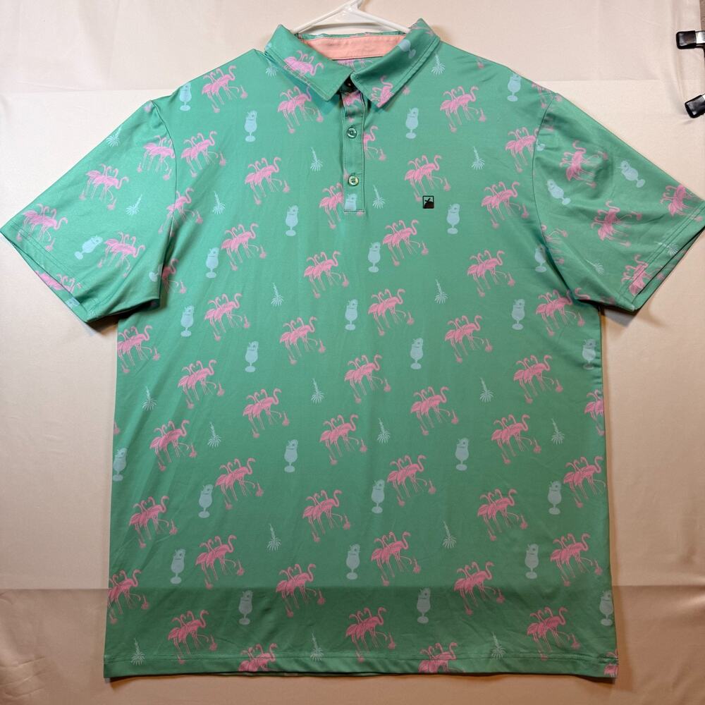 Flomotion Performance Polo Shirt Flamingo and Cocktail Print Mens Size XL